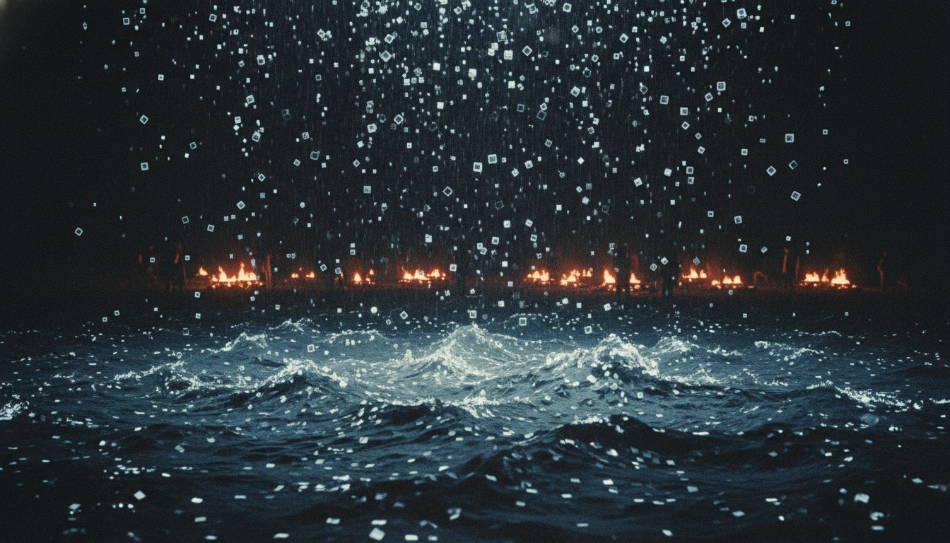 끝없이 이어진 격자가 안개 속으로 사라지고, 멀리 작은 불빛 무리들이 흩어져 있는 장면