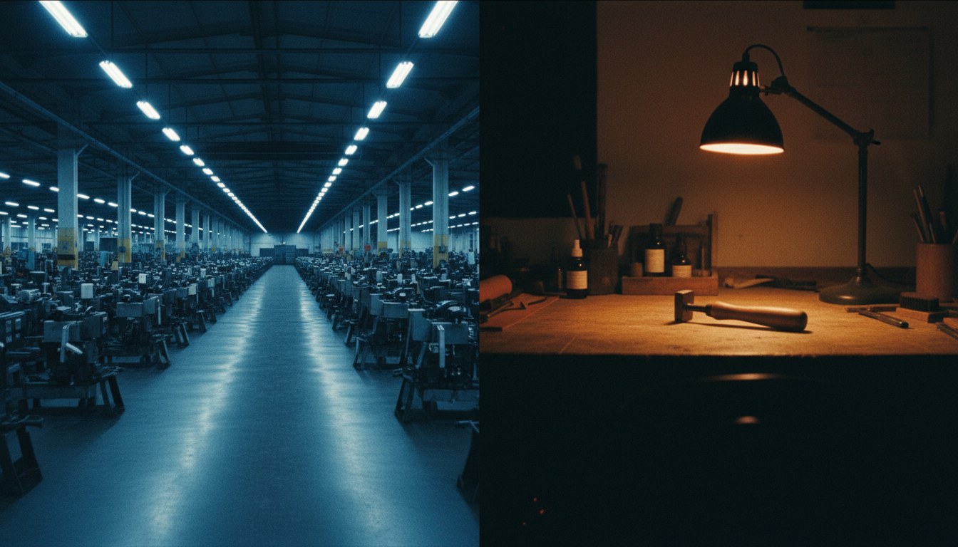 대량 생산 공장과 개인 공방이 나란히 놓인 풍경