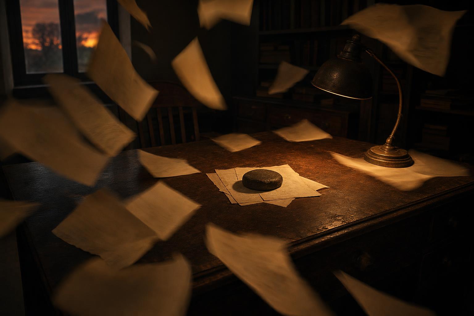 어두운 책상 위에서 바람에 날리는 수많은 종이 속, 돌덩이로 눌려 남은 몇 장의 낡은 페이지
