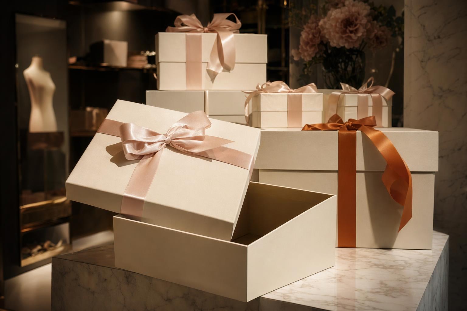 따뜻한 스포트라이트 아래 완벽하게 포장된 상자 더미, 앞쪽의 뚜껑이 살짝 열려 속이 텅 비어있는 모습