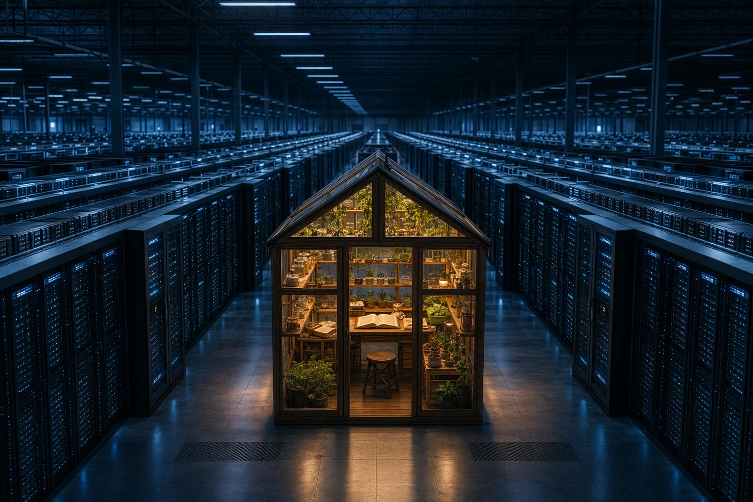 차가운 파란 서버룸 한가운데 따뜻한 호박색으로 빛나는 작은 목조 온실, 손글씨 노트와 기르고 있는 어린 싹들