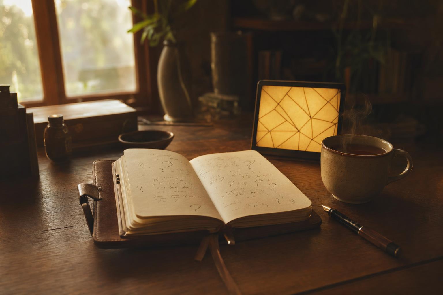 빈 책상 위 노트 한 권과 그 옆에 켜진 화면 — 질문을 기다리는 풍경