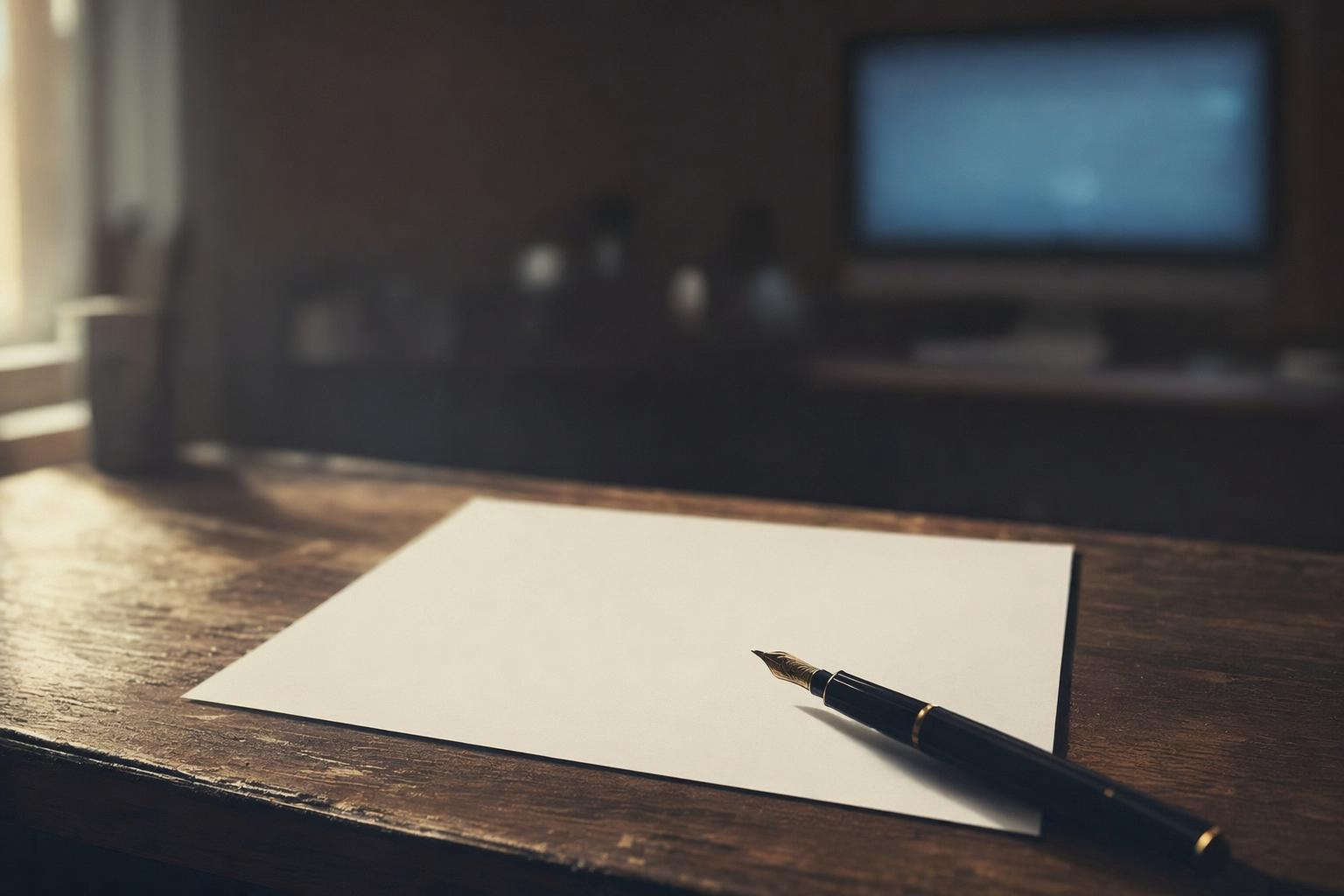 빈 원고지 위의 펜과 커서