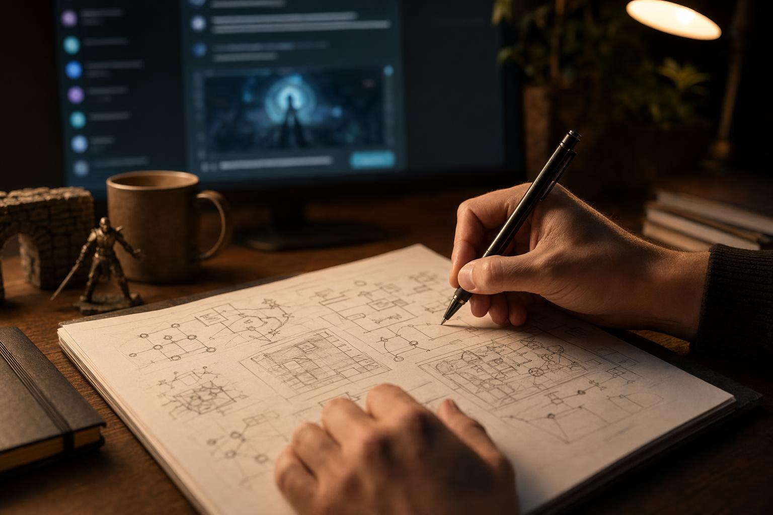 게임 기획서를 손으로 써 내려가는 장면 — 의도와 맥락을 붙잡고 있는 사람의 손