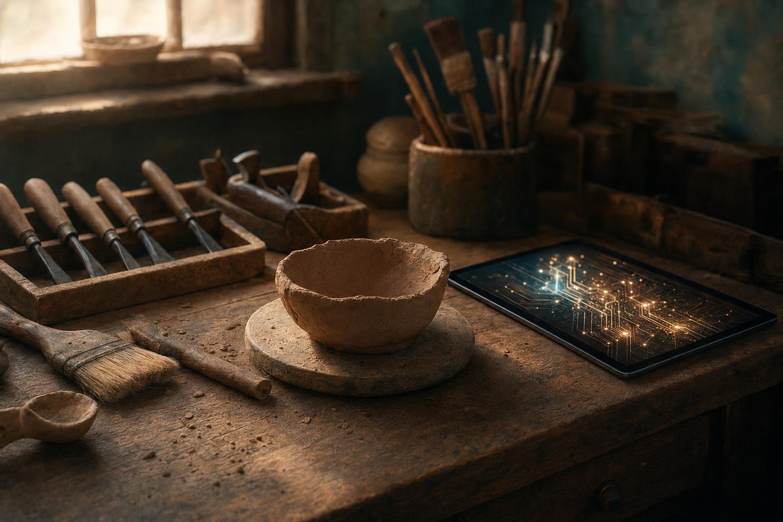 나무 작업대 위에 공구들이 나란히 놓여 있고, 그 옆 화면에 게임 레벨 에디터가 열려 있다. 손끝의 감각과 화면 속 구조가 같은 공간에 머문다.