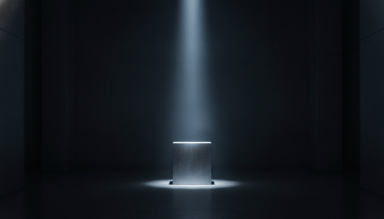 어두운 감정 보관실에 놓인 하나의 빈 도장 받침대와, 그 위로 떨어지는 한 줄기 차가운 빛