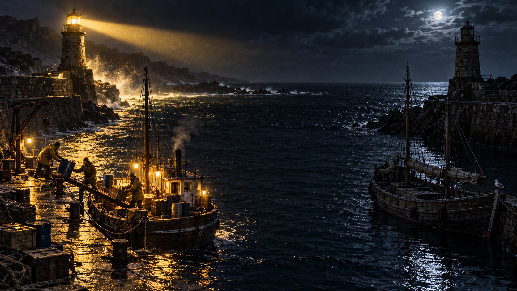 A night harbor with two lighthouses, one lit and one dark; a ship loaded for departure at one pier and an empty anchored ship at the other