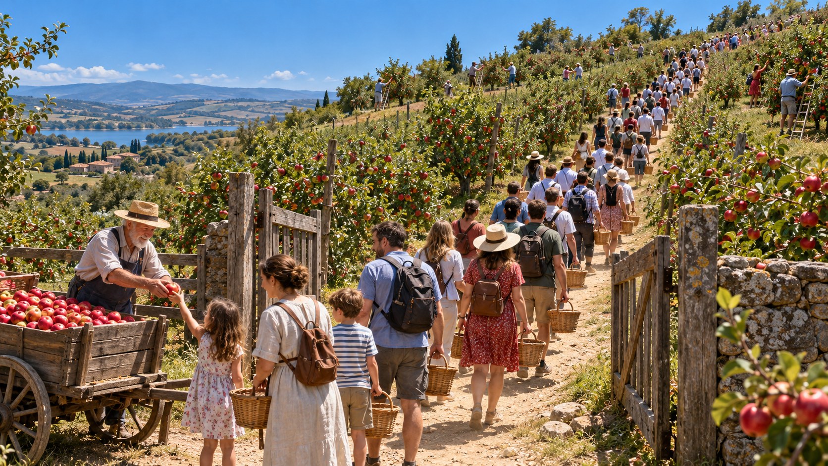 A hillside apple orchard on harvest festival day at noon; an old man at the gate hands out free apples one at a time while a long line of people with empty baskets climbs the hill to pick more